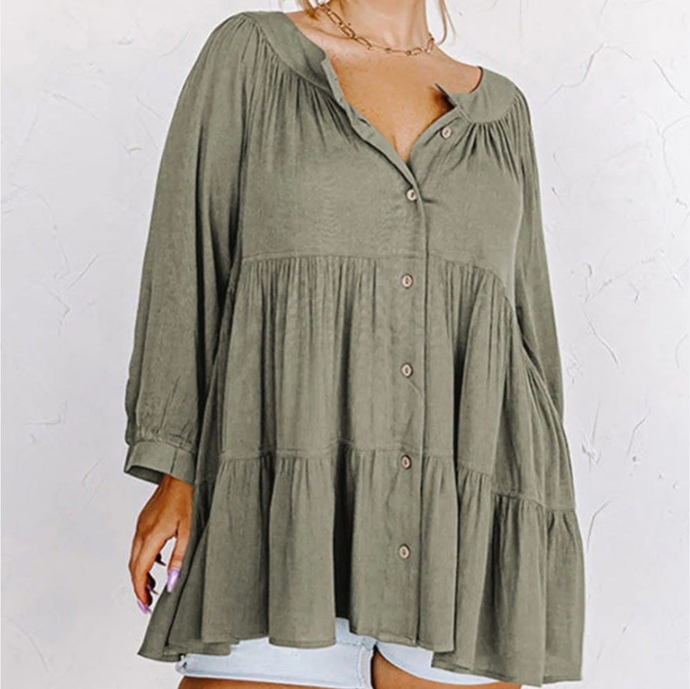 Ott Women's 1X Loose Fit Olive Green Button-Up Tiered Blouse Babydoll Boho-Chic